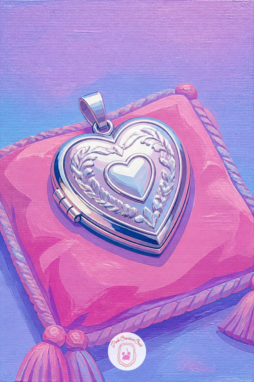 Heart Locket On A Velvet Pillow — A heart locket resting on a small velvet pillow makes a quiet, glowing finish to this whole list. Y2k painting ideas