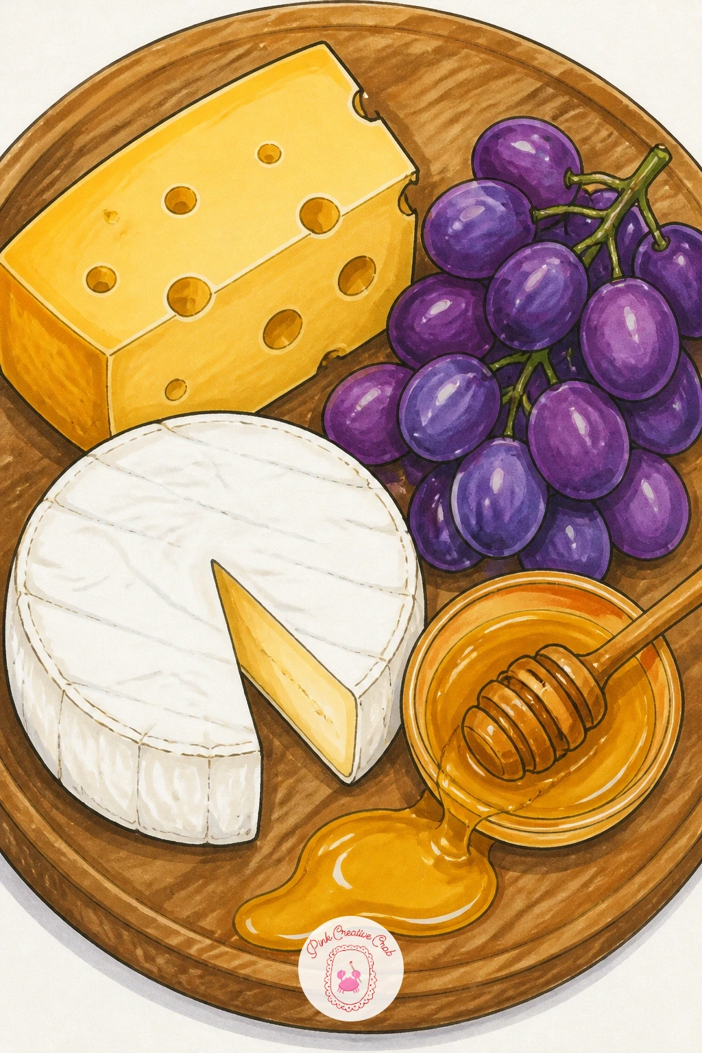 Cheese Board With Grapes and Honey — Start your cheese drawing journey with the classic board, because it teaches every shape you will need later: a wedge, a