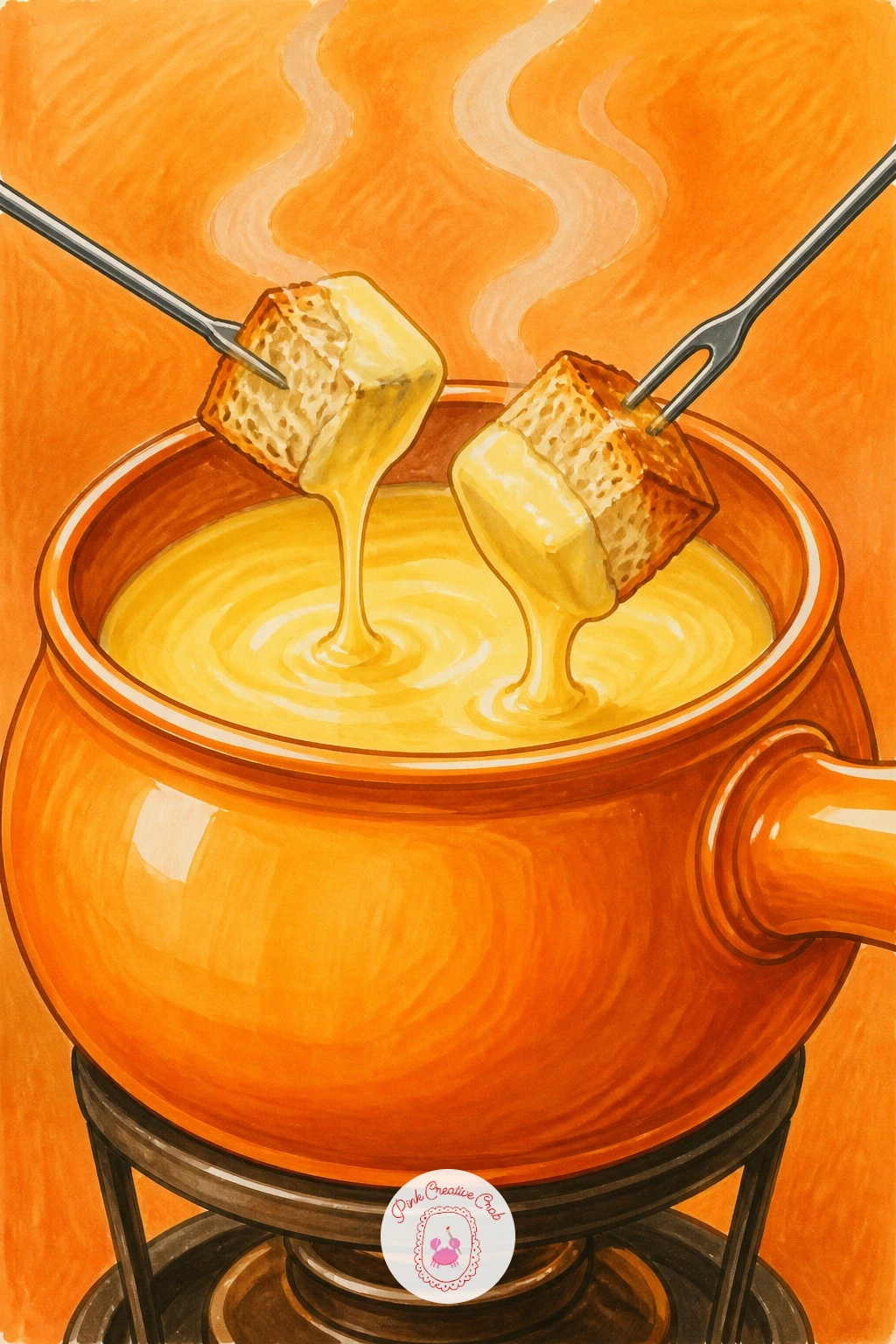 Fondue Pot With Bread on Long Forks — Bring in some steam and motion with a fondue pot drawing, a lovely busy subject once the board and wheel have warmed you