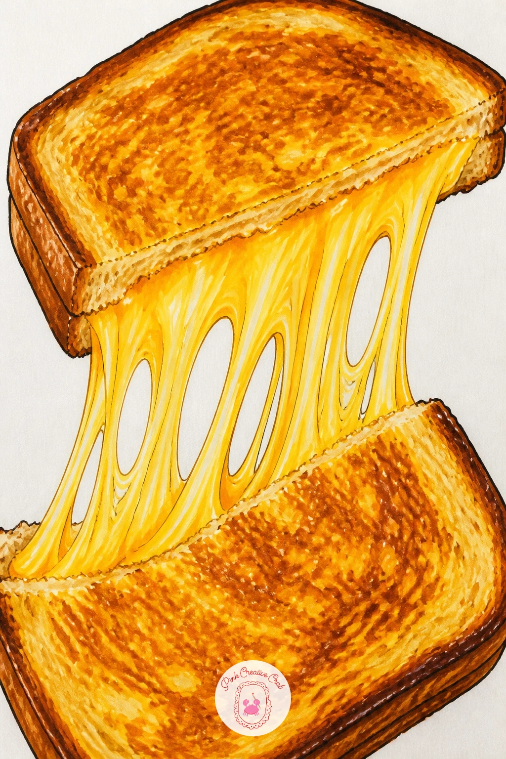 Grilled Cheese Sandwich With a Cheese Pull — After a quiet shopfront, draw something with real action: a grilled cheese sandwich mid-pull, the kind of image