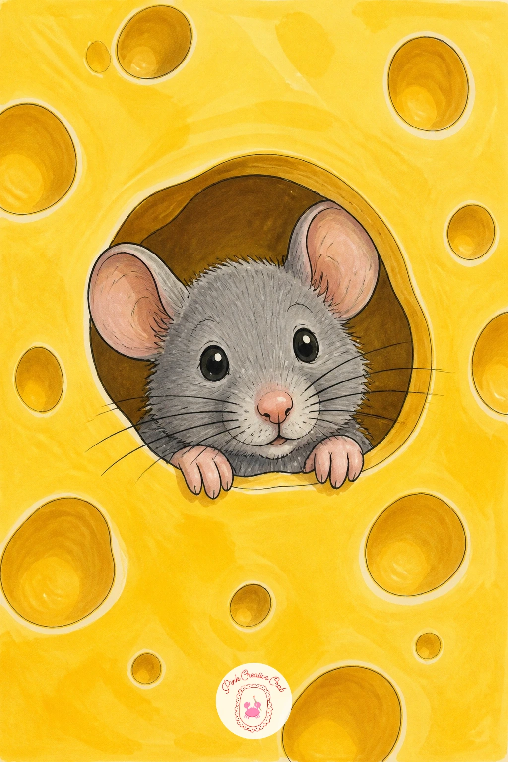 Mouse Peeking Out of a Holey Cheese — Add a character to your cheese drawing with a small mouse poking out of a block of Swiss-style cheese, a scene that
