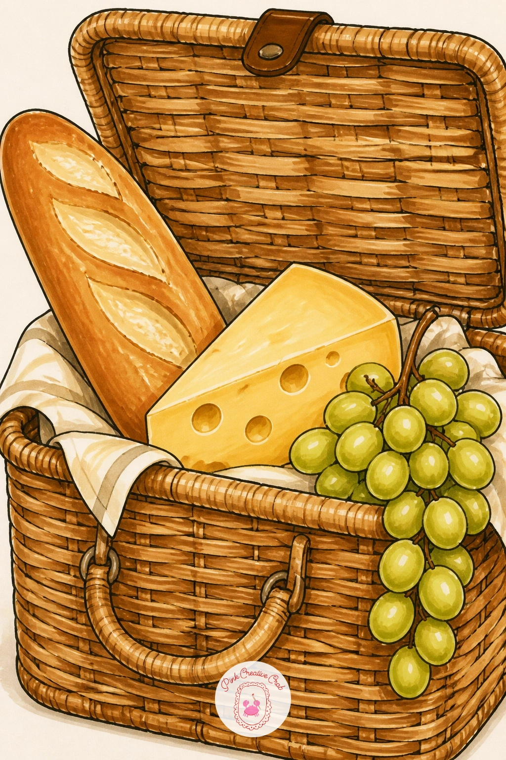 Picnic Basket With Cheese and a Baguette — Take the cheese outdoors with a picnic basket scene, a lovely subject once you are comfortable grouping several