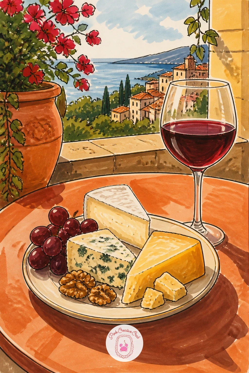 Cheese Plate on a Terrace With Wine — Give your cheese drawing a holiday feel with a plate set on a sunny terrace table, a small glass of wine alongside it