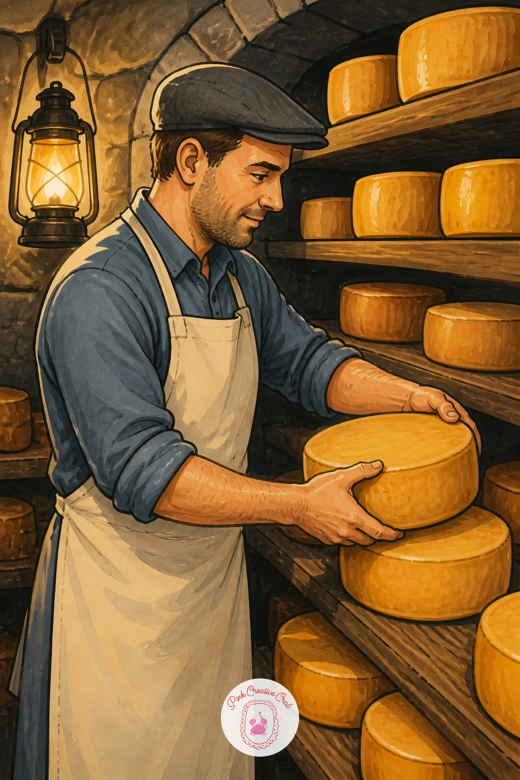 Cheesemaker Stacking Wheels in a Cellar — Step into a little story now with a cheesemaker stacking wheels in a dim cellar, a scene that uses light to do most
