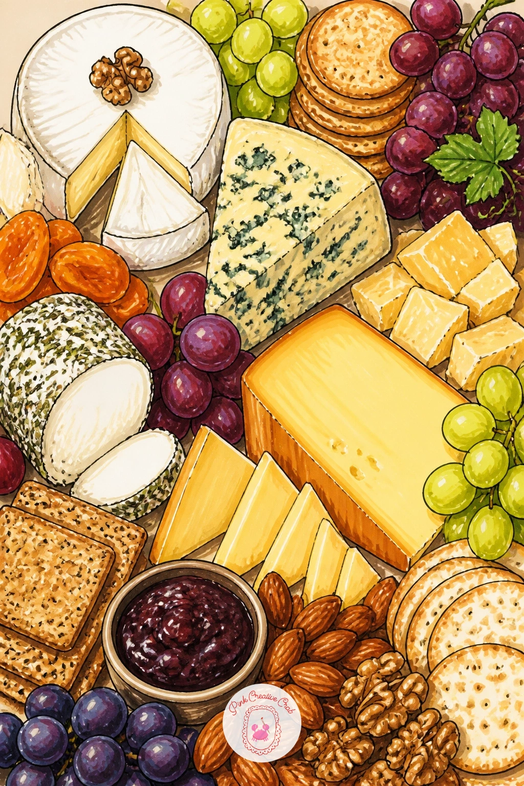 Cheese Platter for a Party — Build on everything learned from the board drawing with a fuller party platter, busier and more generous. Cheese drawing