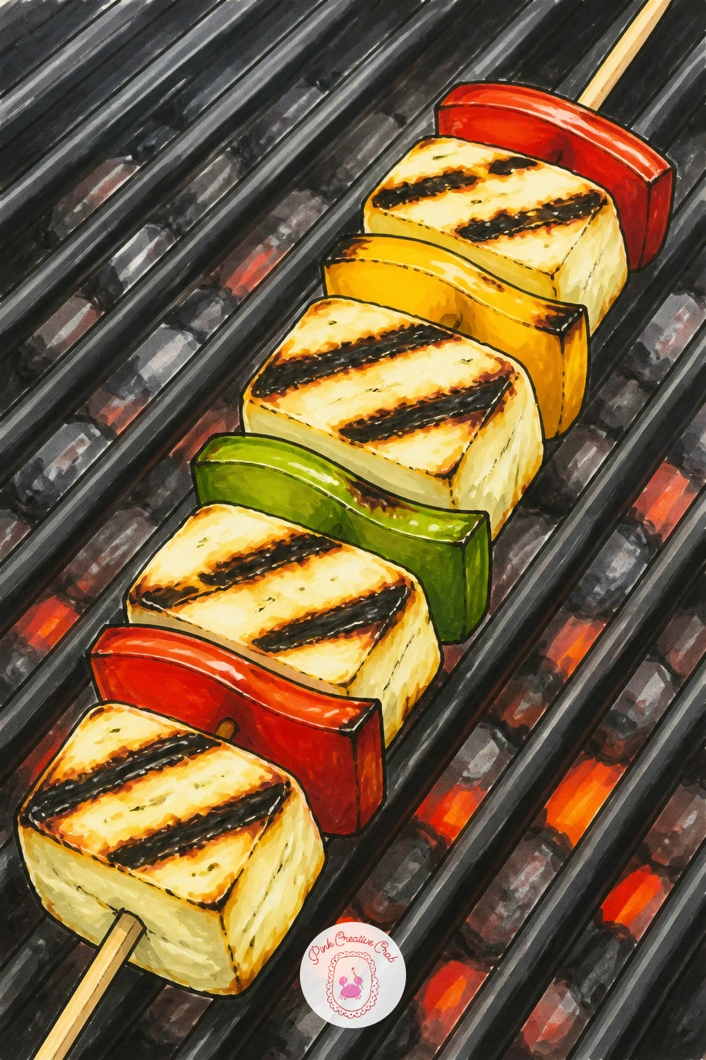 Halloumi Skewer on the Grill — Bring some char and heat into the mix with a halloumi skewer straight off the grill. Cheese drawing