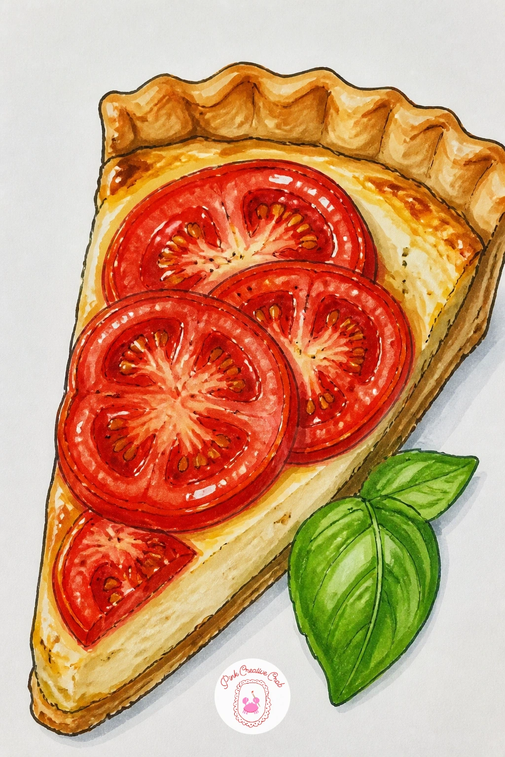 Cheese and Tomato Tart — Move into baking with a cheese and tomato tart, sliced to show its layers. Cheese drawing