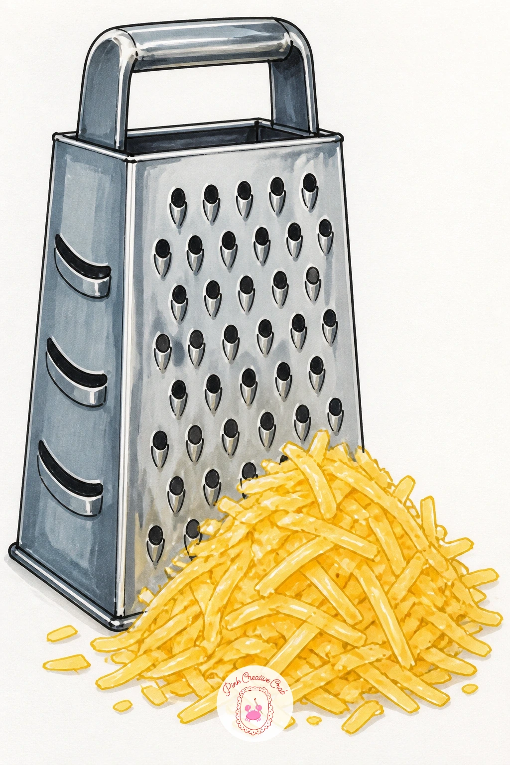 Cheese Grater With a Pile of Cheese — Try a kitchen tool subject next: a grater standing upright with a small pile of grated cheese shavings beside it. Cheese