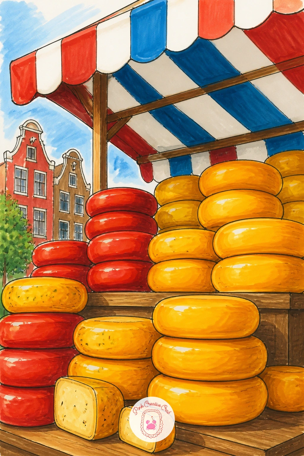 Cheese Market Stall in the Netherlands — Widen the scene again with a Dutch cheese market stall, round wheels stacked high under an awning. Cheese drawing