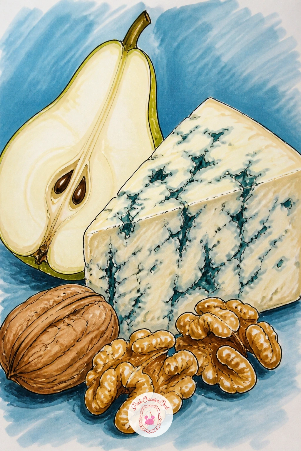 Blue Cheese With Walnuts and Pear — Return to a quiet still life with a wedge of blue cheese paired with walnuts and a sliced pear, a nice contrast after the