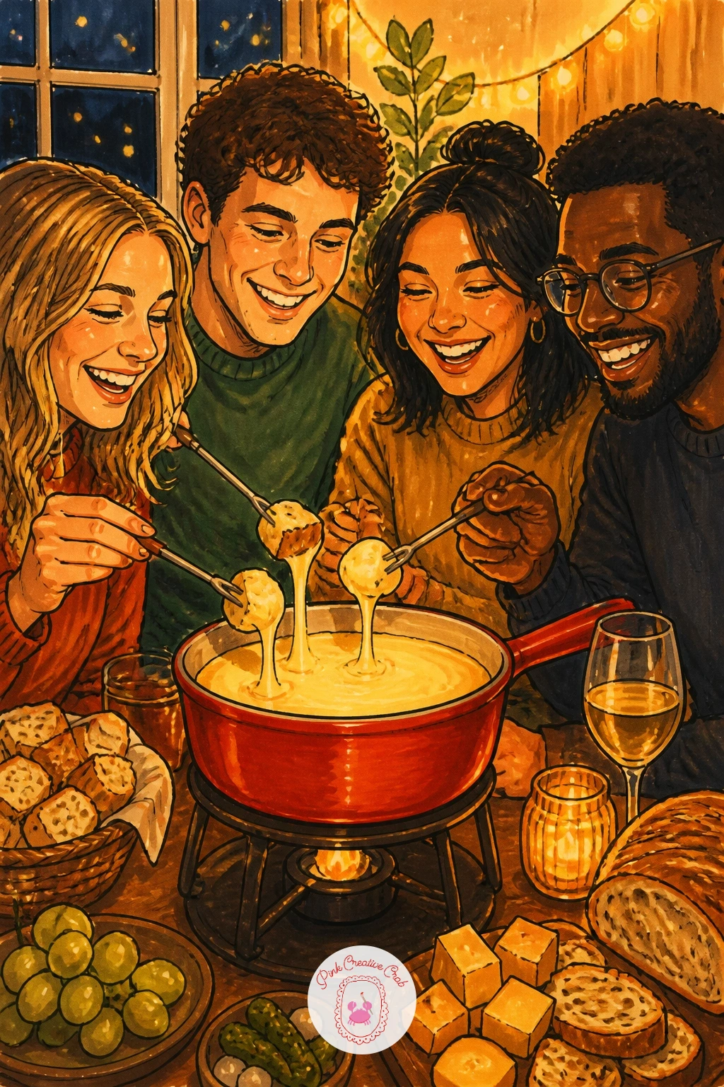 Cheese Fondue Party of Friends — Scale the fondue idea up into a full little scene with a few friends gathered around the pot, forks reaching in together.