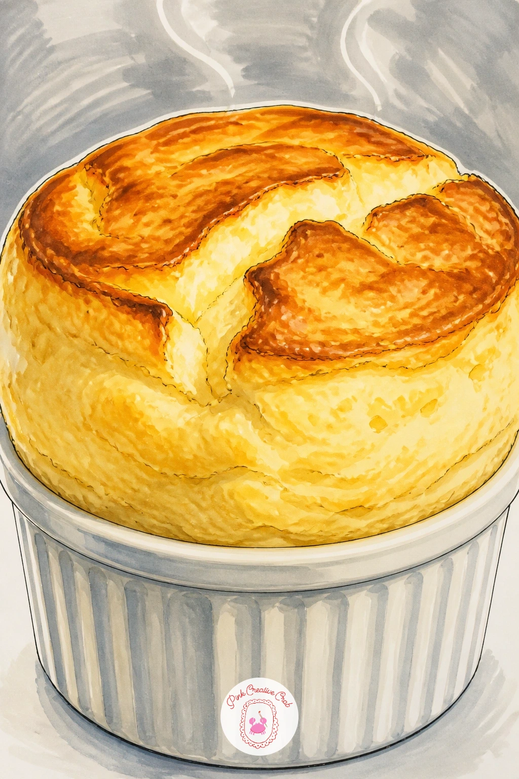Cheese Souffle Rising in the Oven — Catch a moment of drama with a cheese souffle caught mid-rise above its ramekin, the top just cracking open. Cheese drawing