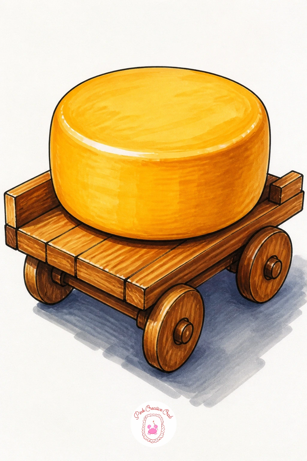 Cheese Wheel on a Wooden Cart — Give a single wheel somewhere to travel with a small wooden cart scene, a nice bridge between still life and setting. Cheese