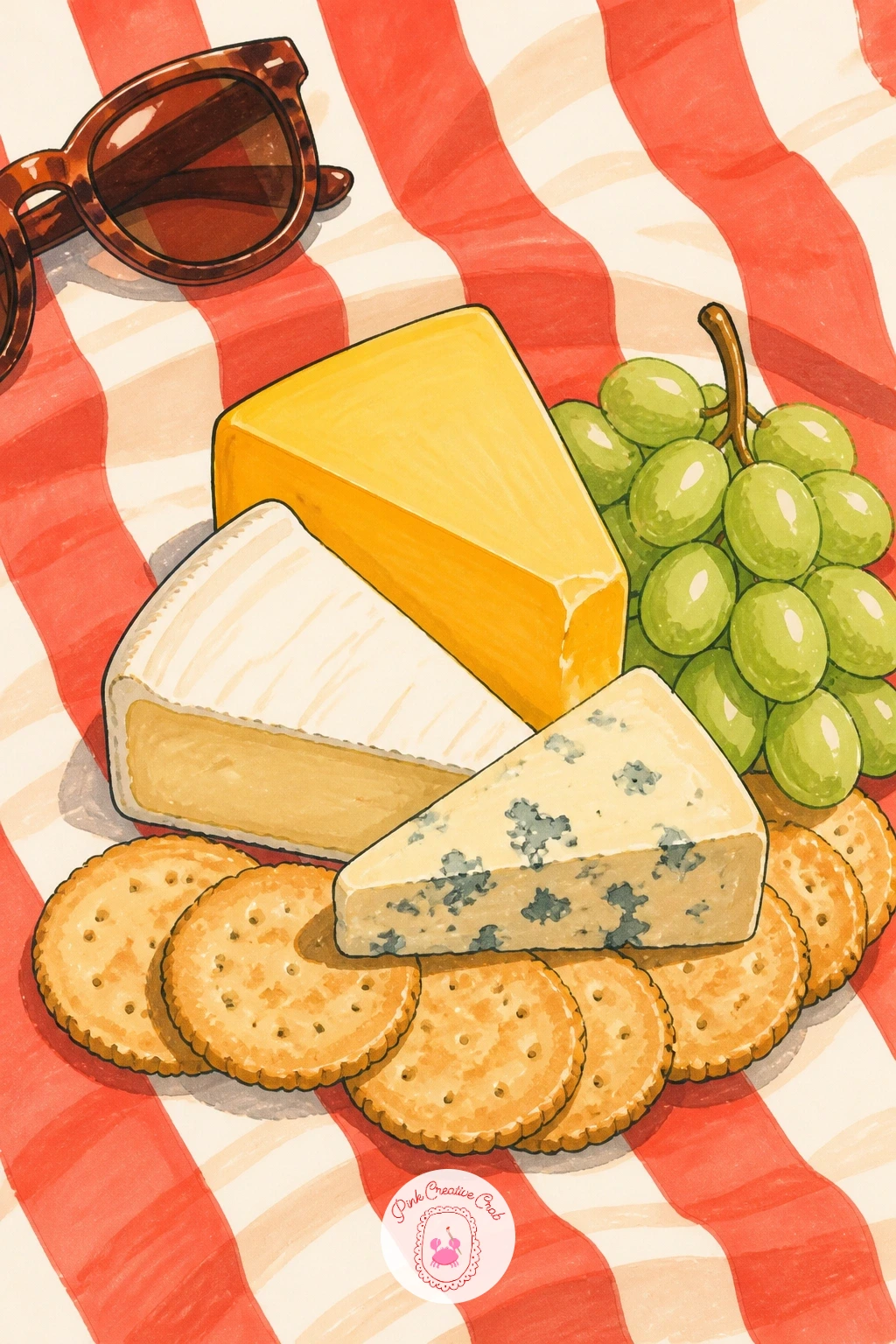 Cheese and Crackers on a Beach Towel — Take the snack theme somewhere sunnier with cheese and crackers laid out on a striped beach towel. Cheese drawing