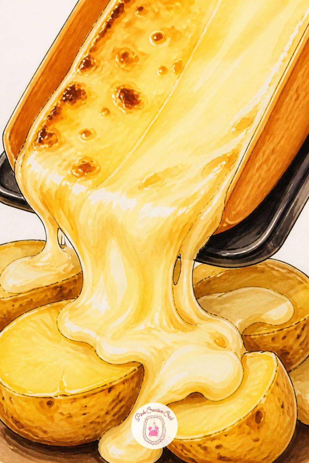 Raclette Melting Onto Potatoes — Bring the heat back with a raclette scene, cheese caught mid-melt as it drips down onto boiled potatoes. Cheese drawing