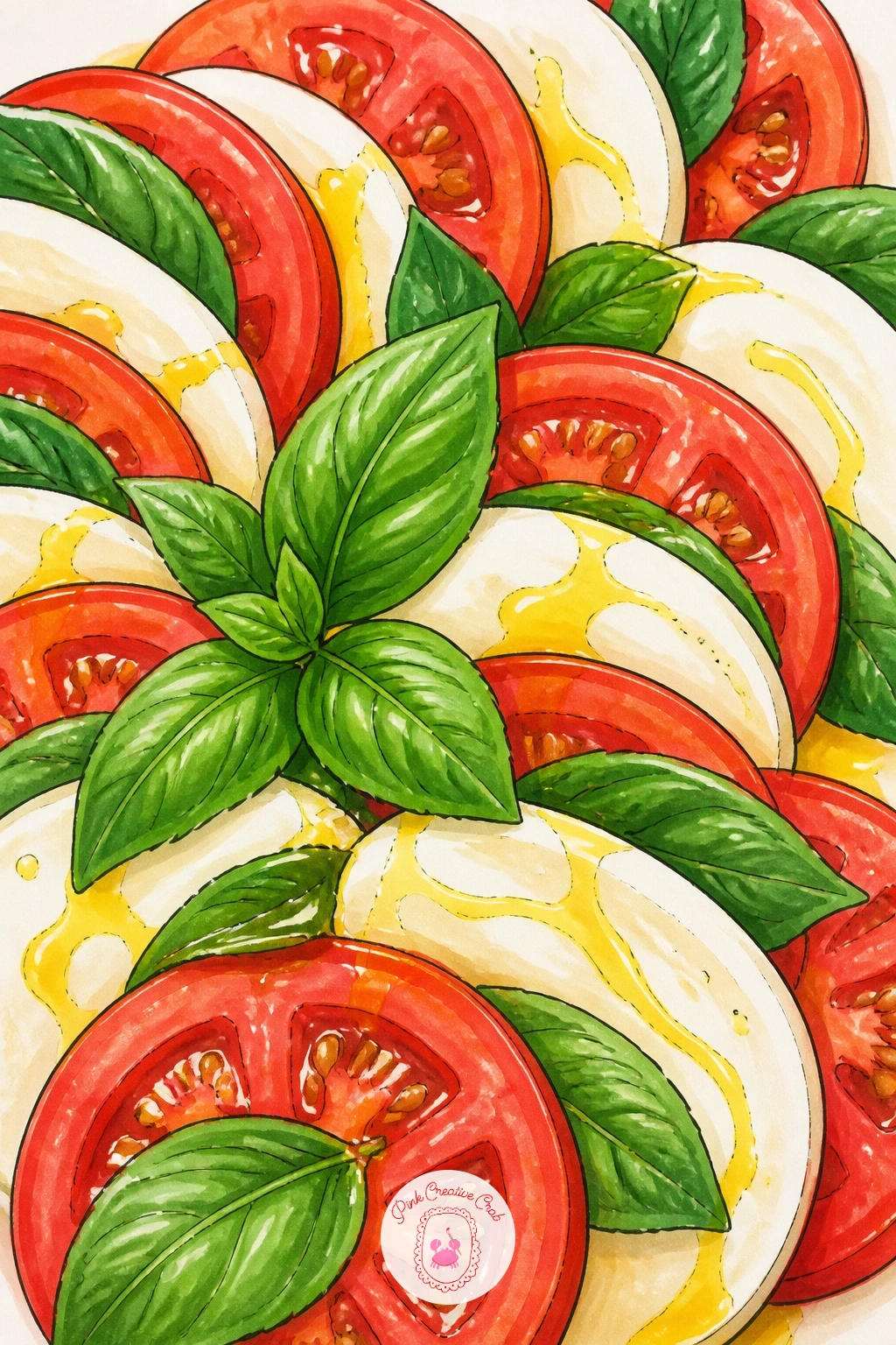 Mozzarella and Tomato Salad — Cool things down with a simple caprese-style salad, fresh mozzarella slices alternating with tomato and basil. Cheese drawing
