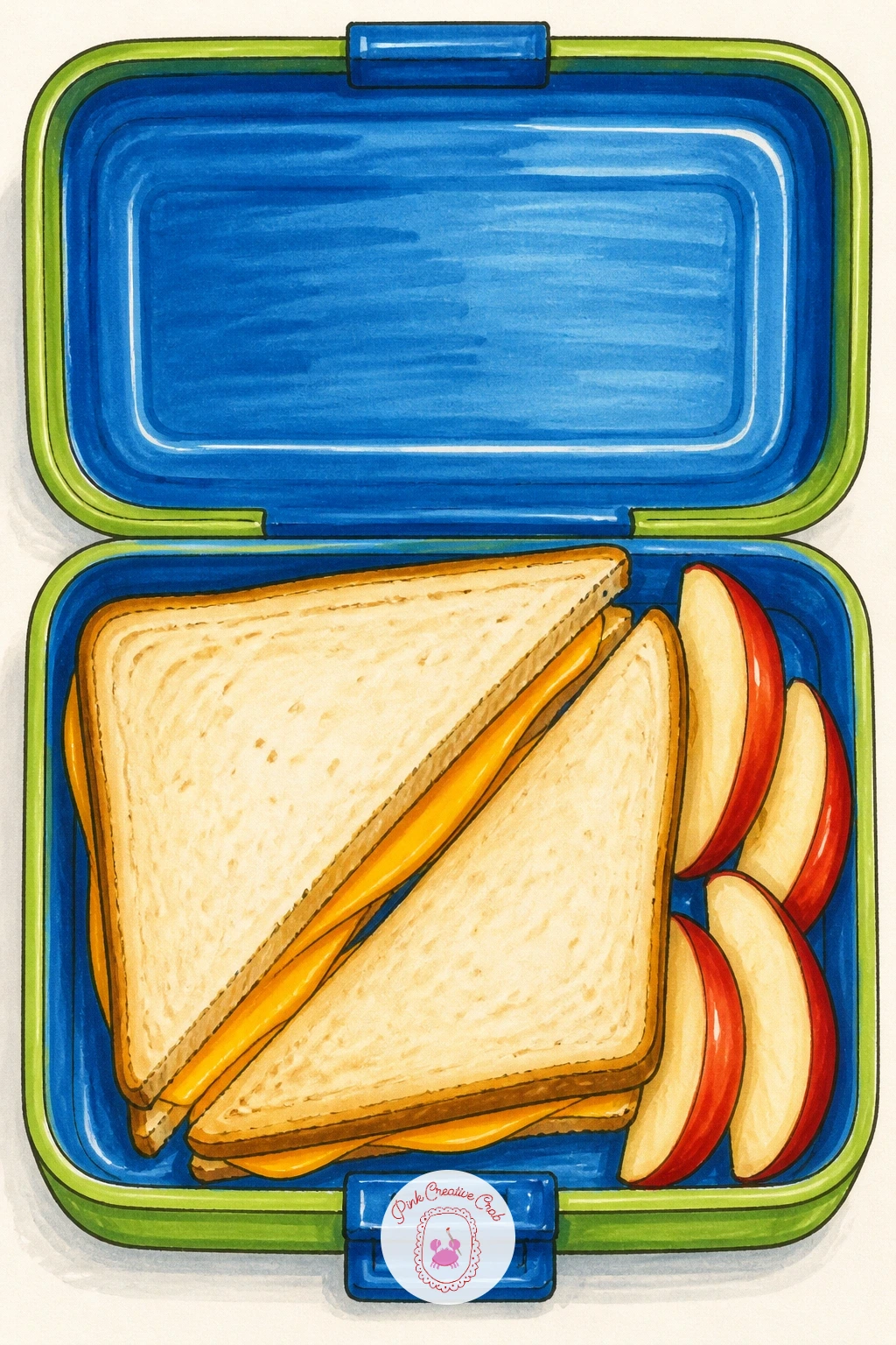 Cheese Sandwich in a Lunchbox — Finish on something small and everyday: a cheese sandwich packed into an open lunchbox. Cheese drawing