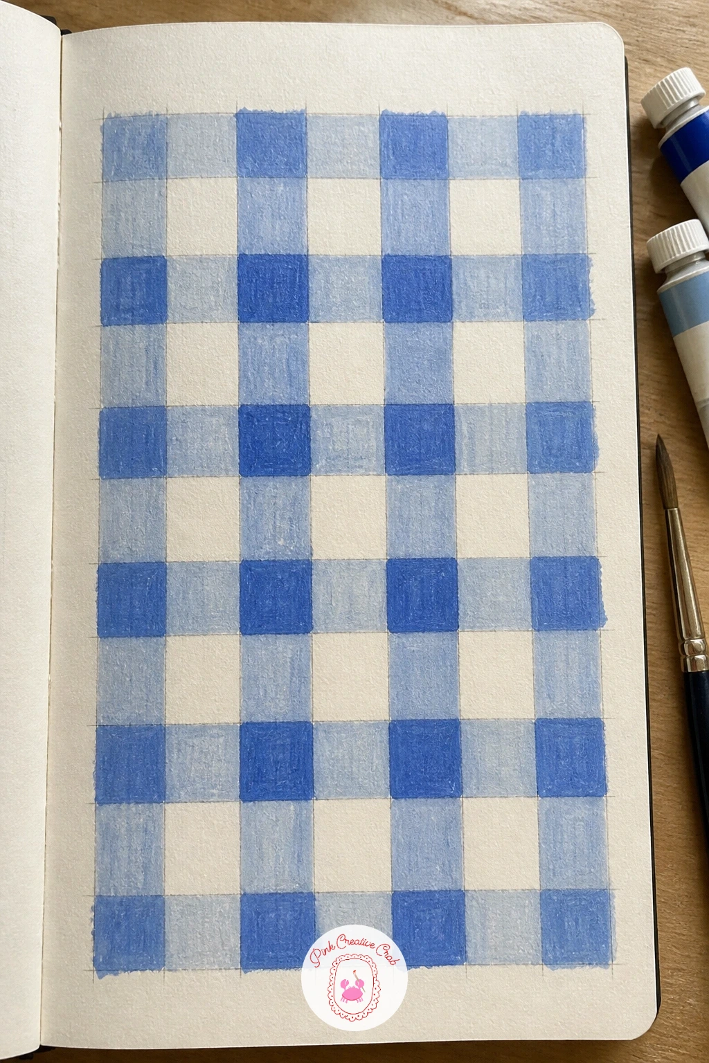 Three-Color Gingham Study — Gingham looks simple but the woven overlap is what makes it convincing, so this page is really a lesson in layering transparent
