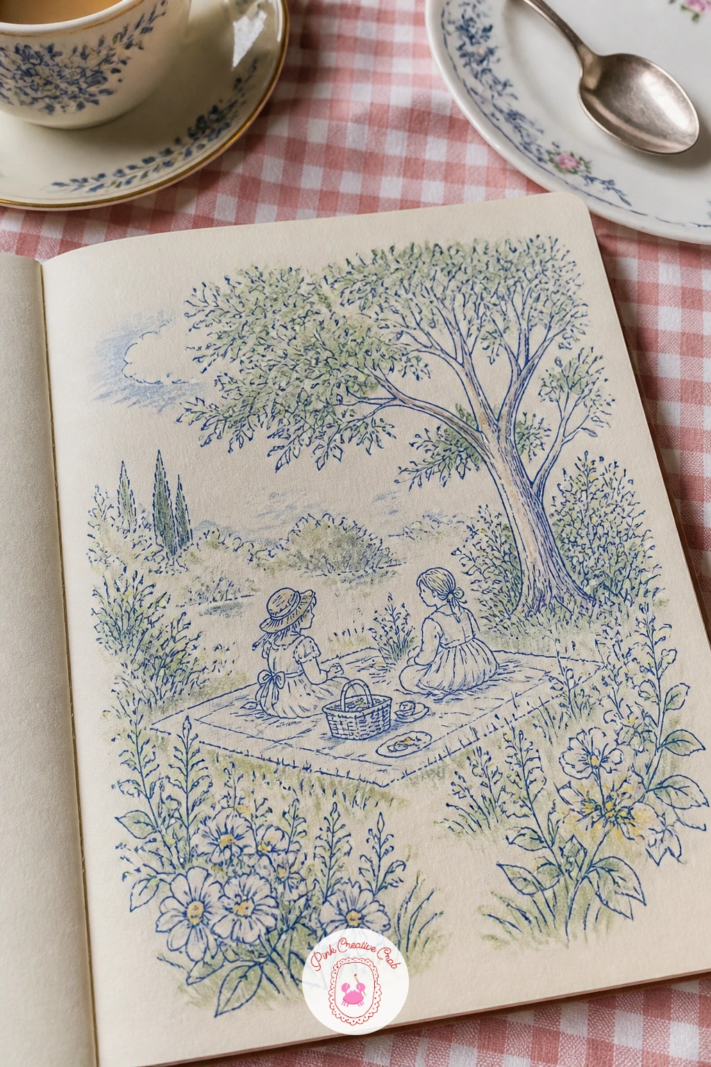 Toile Scene of a Garden Picnic — Toile fabric tells a whole scene in one repeating color, so sketch a garden picnic the way a toile designer would: a blanket