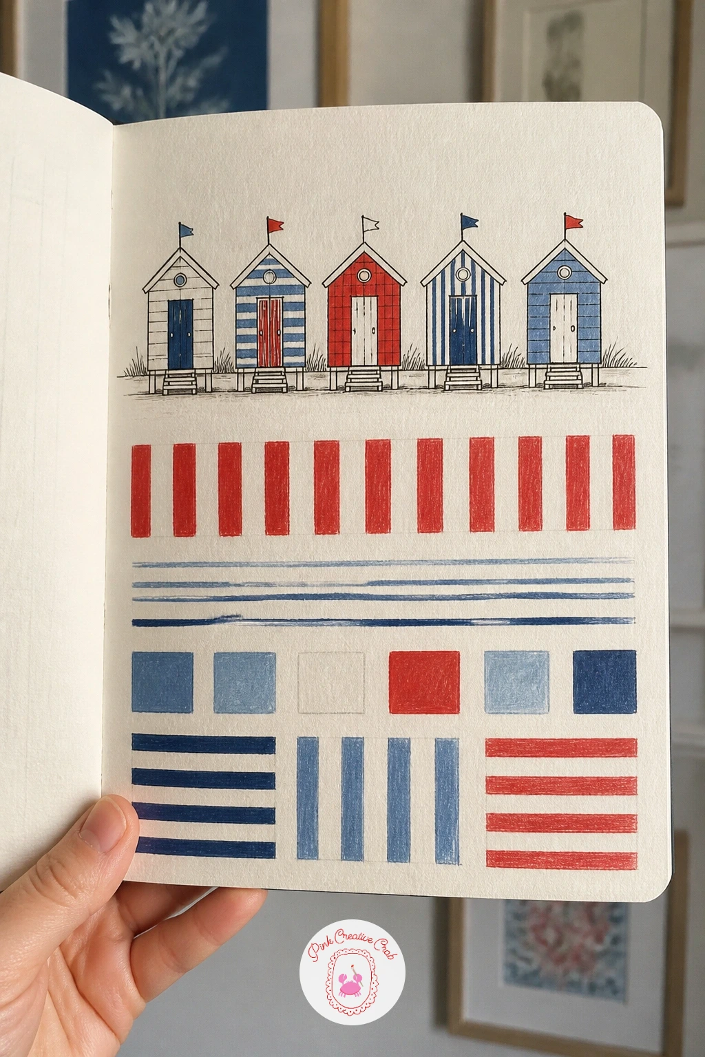 Stripe Study Inspired by Beach Huts — Beach huts give stripes a reason to feel cheerful rather than stiff, so draw a small row of them first in pencil, simple