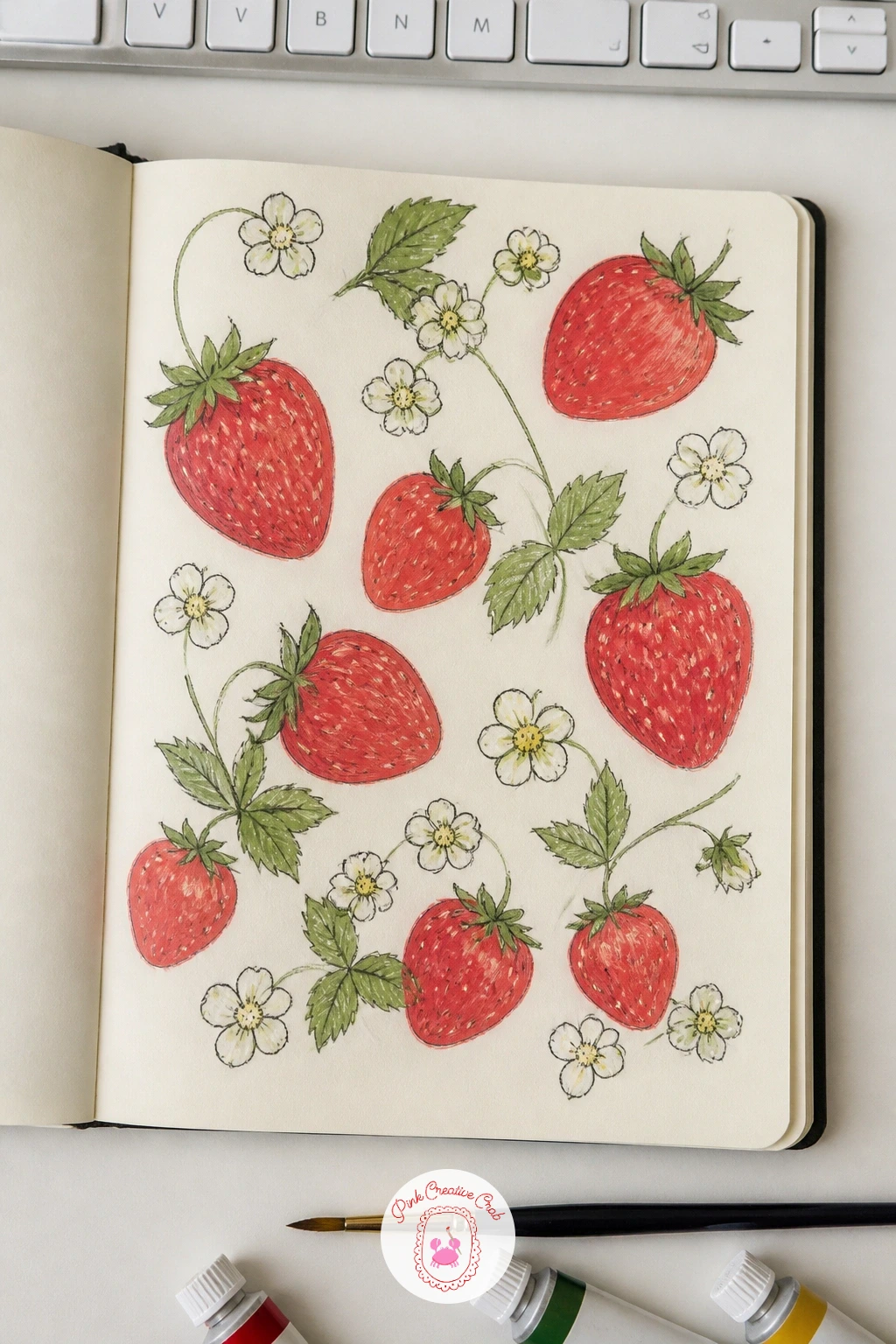 Strawberry Print for Kitchen Linen — Move from the beach to the kitchen with a strawberry print you could imagine on a tea towel. Textiles sketchbook