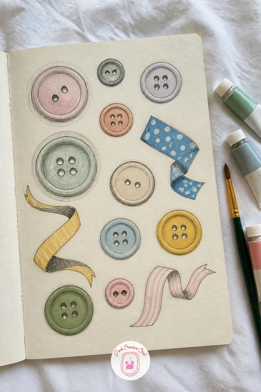 Button and Ribbon Studies — Empty a sewing box onto the table for this one, since a page of button and ribbon studies works best drawn directly from real