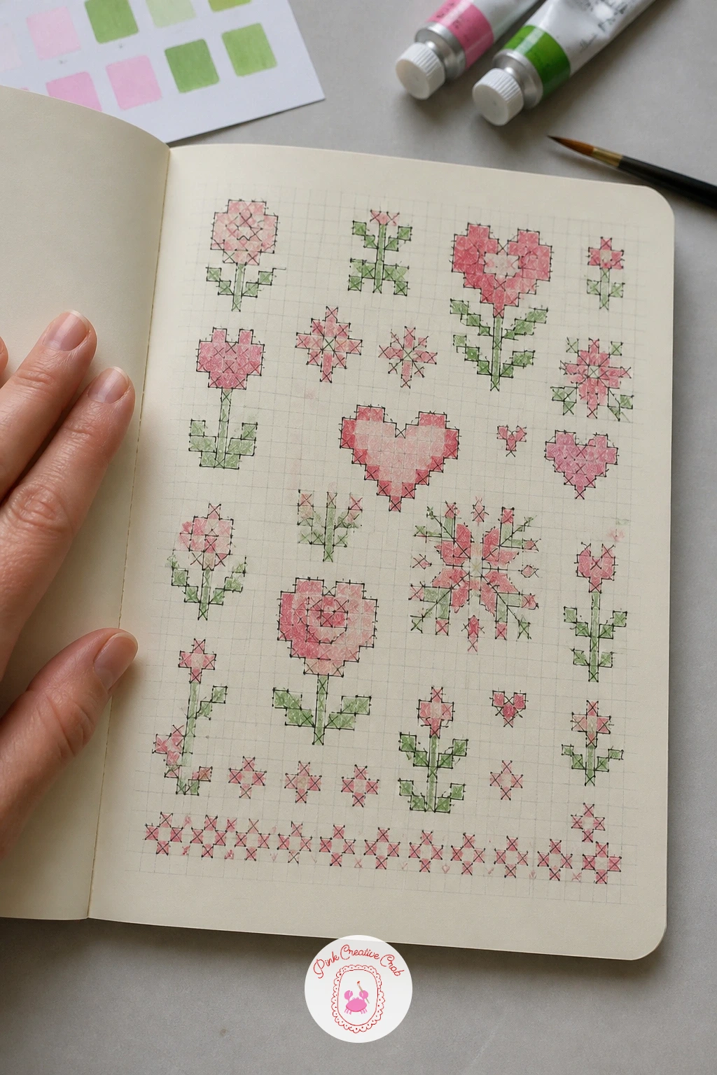 Cross-Stitch Heart and Flower Sampler Page — Cross-stitch motifs are built from a grid, so rule out small even squares in pencil before you draw anything else