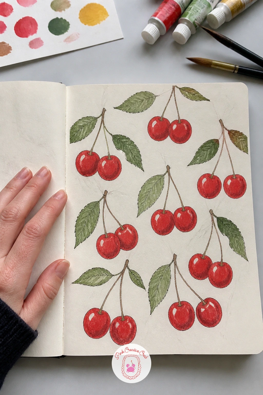 Cherry Print With Leaves — Cherries make an easy, cheerful repeat once you settle on one reliable pair shape. Textiles sketchbook