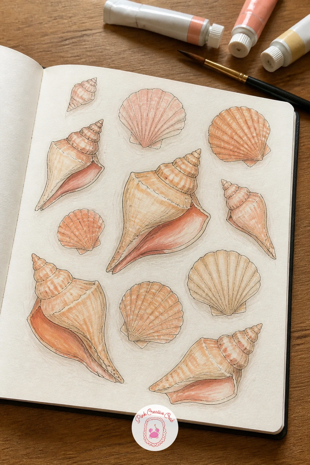Seashell Motif for a Beach Towel — A handful of real or photographed seashells makes this page far easier than inventing shell shapes from nothing, so gather