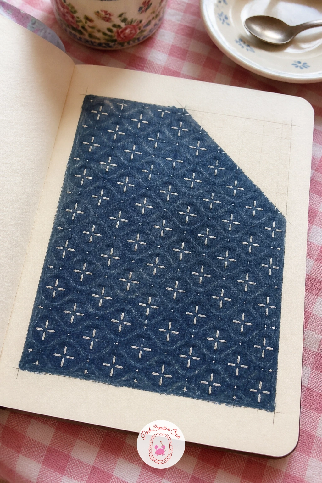 Sashiko Pattern Study — Sashiko stitching relies on a repeating geometric grid, often a simple cross or hemp-leaf shape, worked in white thread on indigo
