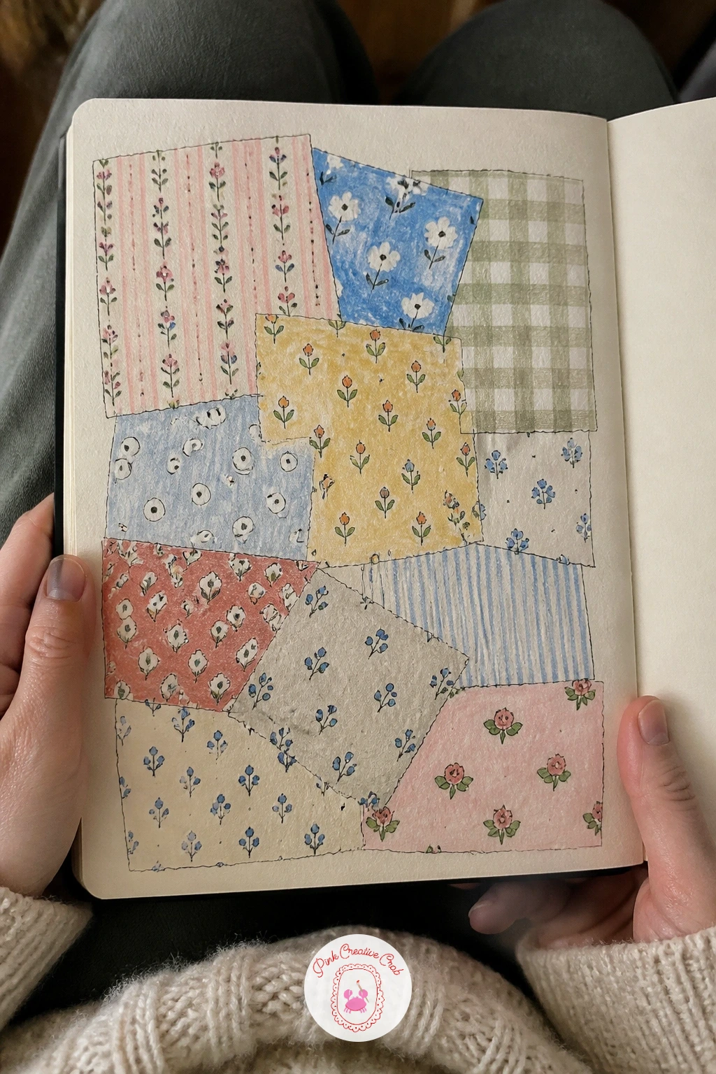 Page of Patchwork Scraps — Gather a handful of actual fabric scraps, even tiny ones from a sewing basket, and lay them loosely over each other on the page