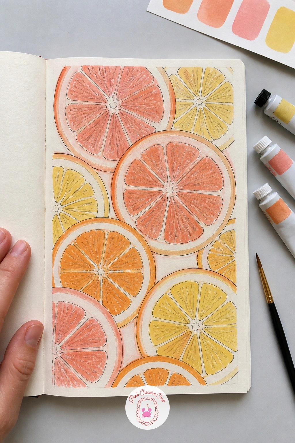 Citrus Slice Repeat in Coral and Yellow — Close the sketchbook on a bright note with a citrus repeat that leans into just two colors, coral and yellow, for a