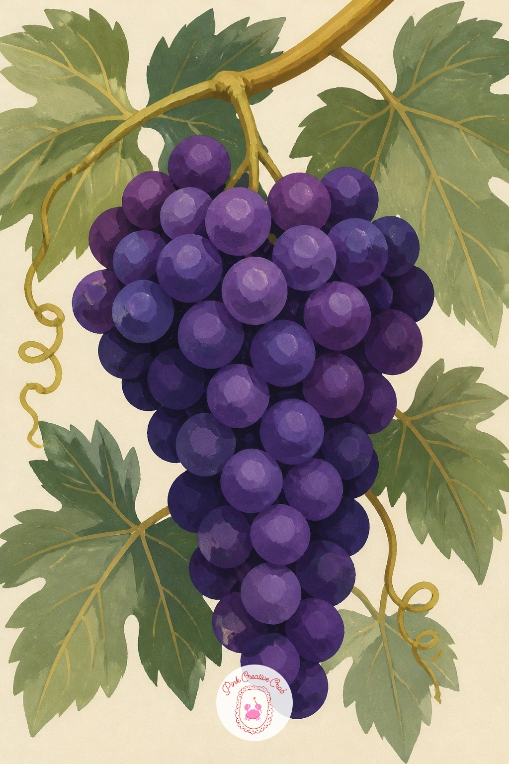 Bunch of Purple Grapes on the Vine — Start with the simplest version of the whole subject: one bunch of purple grapes hanging from a vine, filling most of the