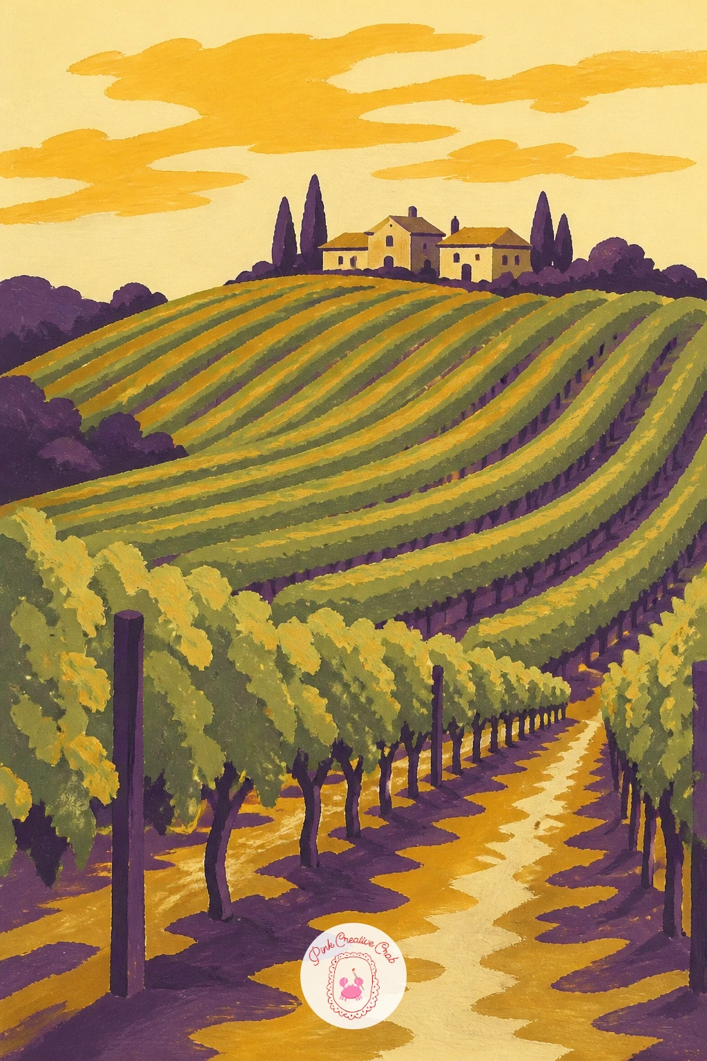 Vineyard Row on a Rolling Hill — Give yourself a wider view this time: a single vineyard row curving over a rolling hill. Grapes drawing