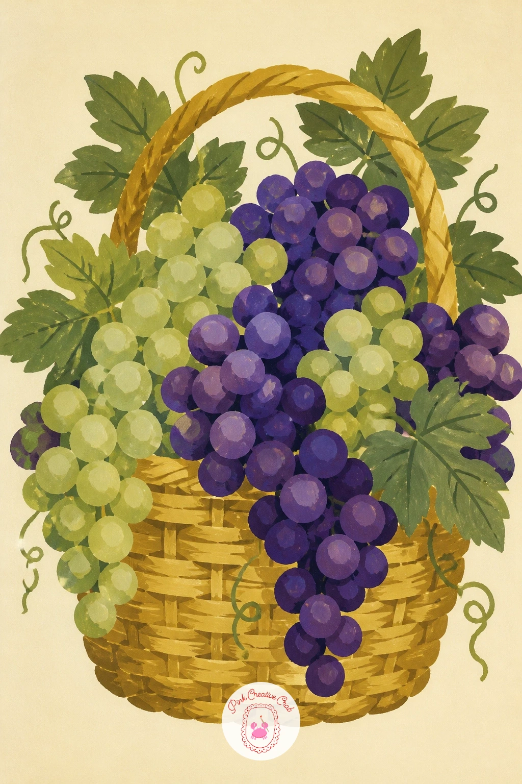 Harvest Basket of Green and Purple Grapes — Move from the vine to the harvest now with a woven basket piled with both green and purple grapes. Grapes drawing