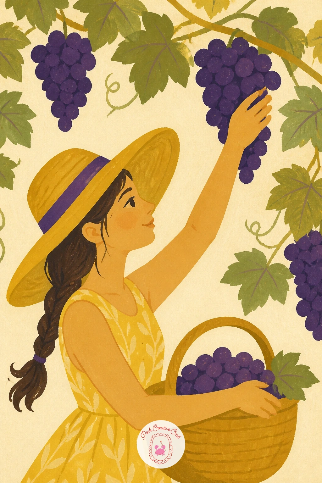 Girl in a Sun Hat Picking Grapes — Bring a figure into the vineyard with a girl in a wide sun hat reaching up to pick grapes from an overhead vine. Grapes