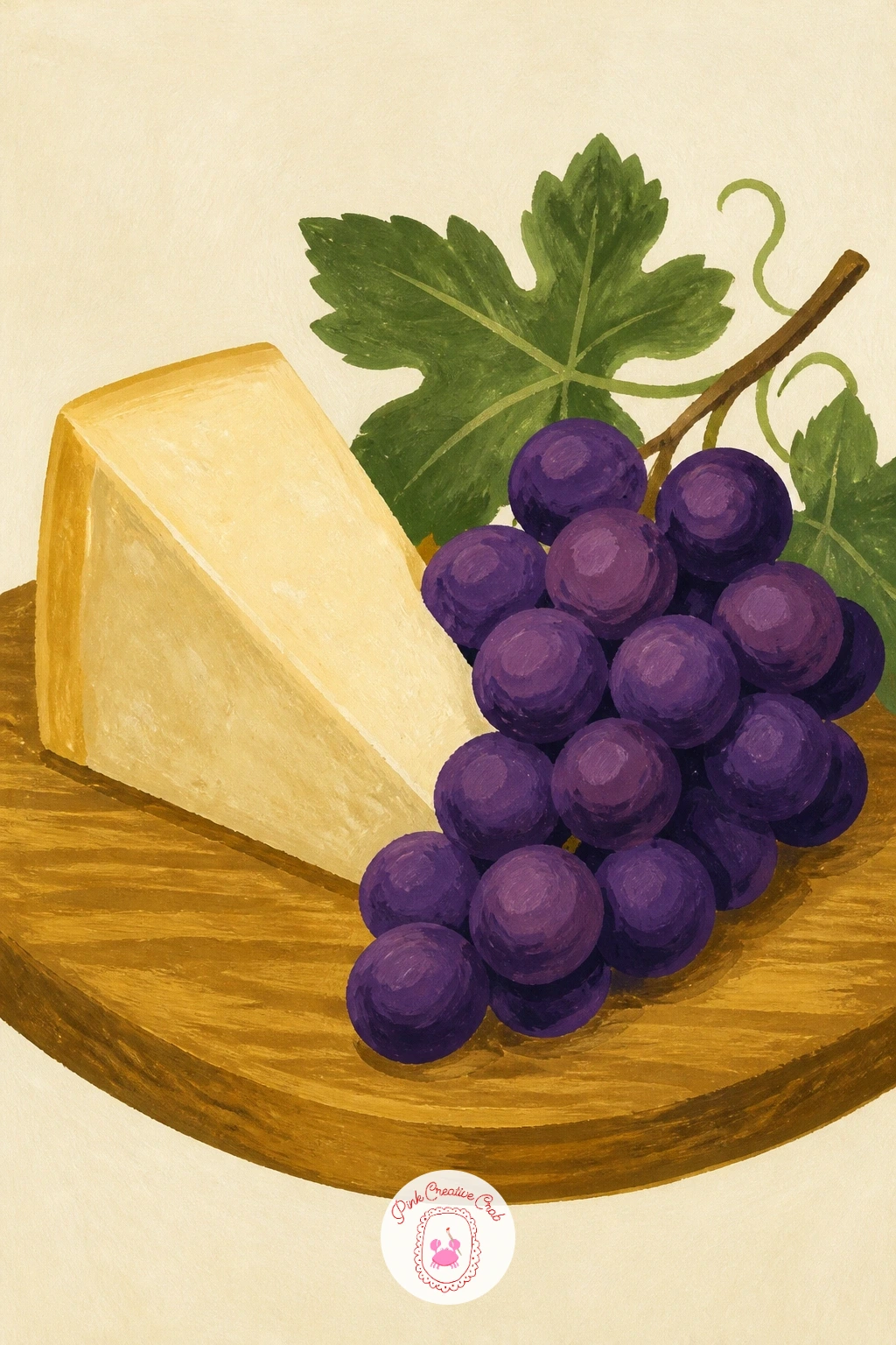 Grapes and Cheese on a Wooden Board — Set a bunch of grapes beside a wedge of cheese on a wooden board for a simple tabletop still life. Grapes drawing