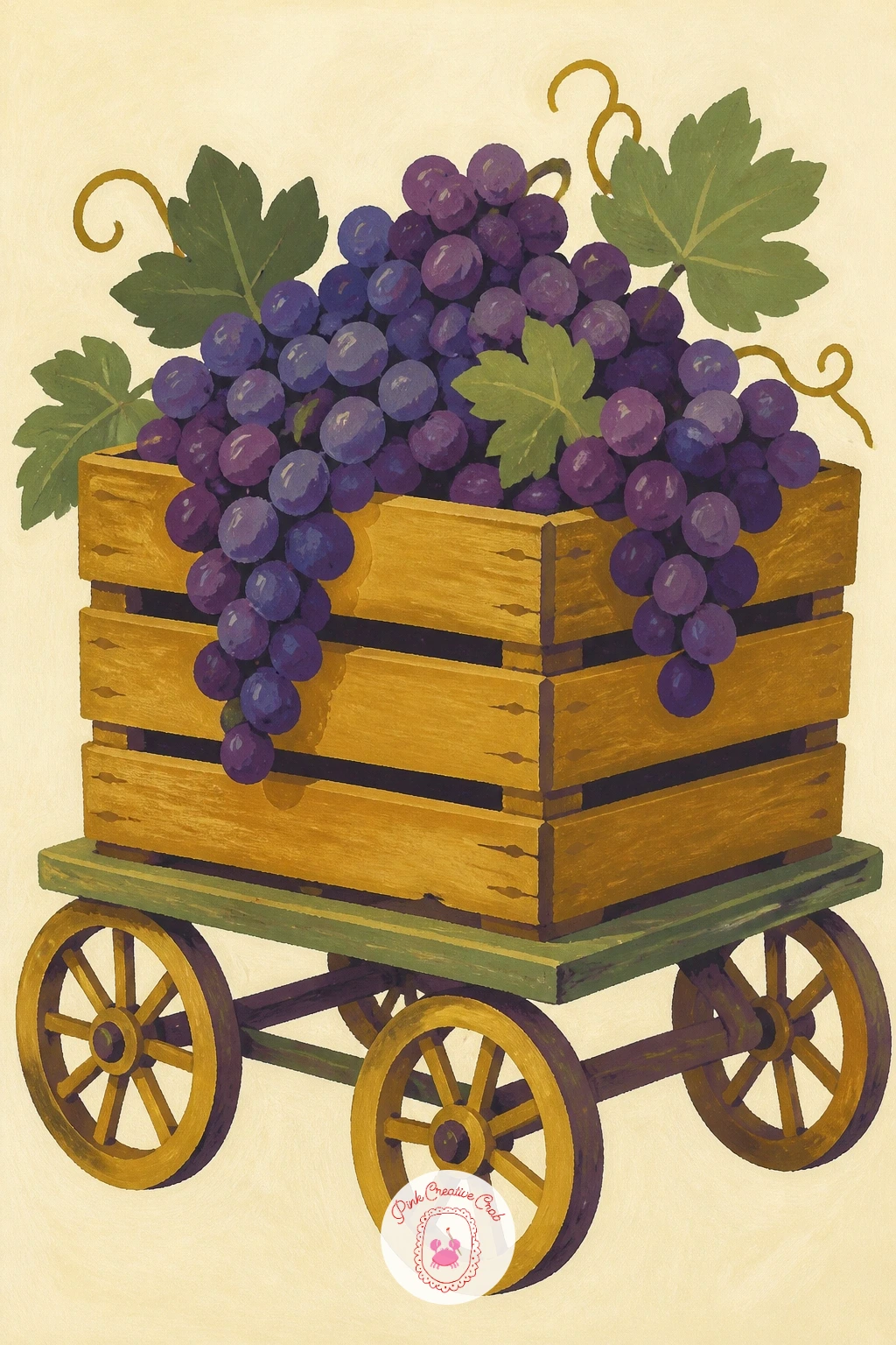 Wooden Crate of Grapes on a Cart — Carry on from the table and head back outdoors with a wooden crate of grapes loaded onto a small cart. Grapes drawing