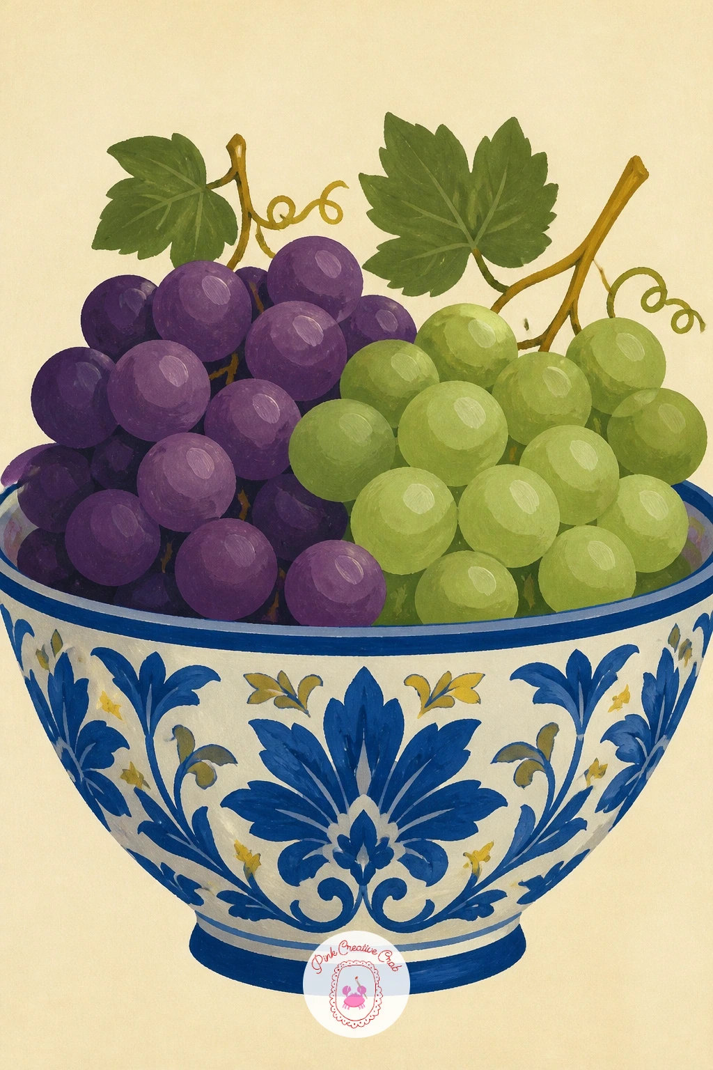 Grapes in a Blue and White Bowl — Bring some pattern into the mix with grapes piled in a blue and white bowl, the kind with simple painted stripes or dots.