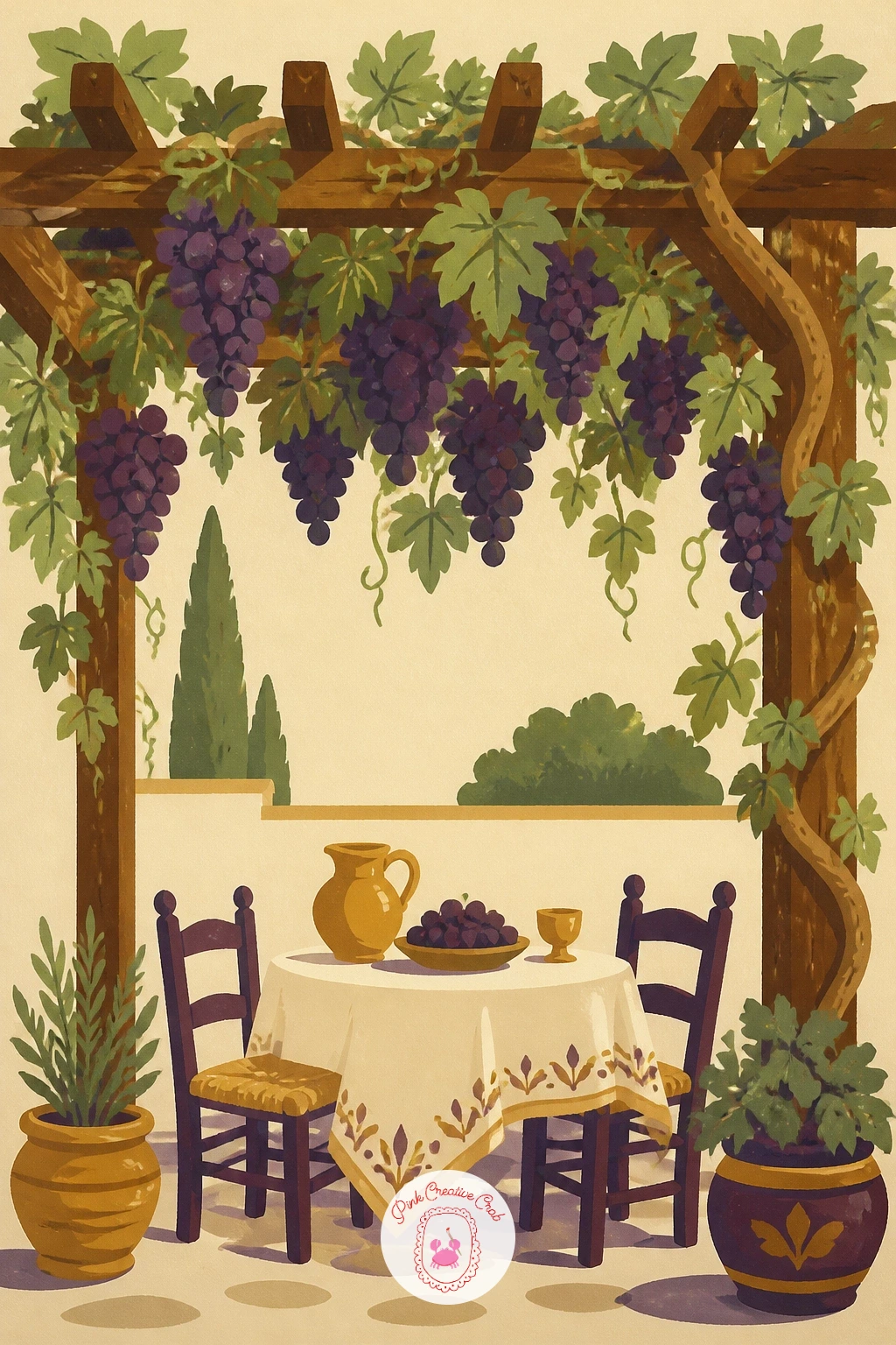 Vine-Covered Pergola Over a Table — Widen the scene to a vine-covered pergola with a small table set underneath. Grapes drawing