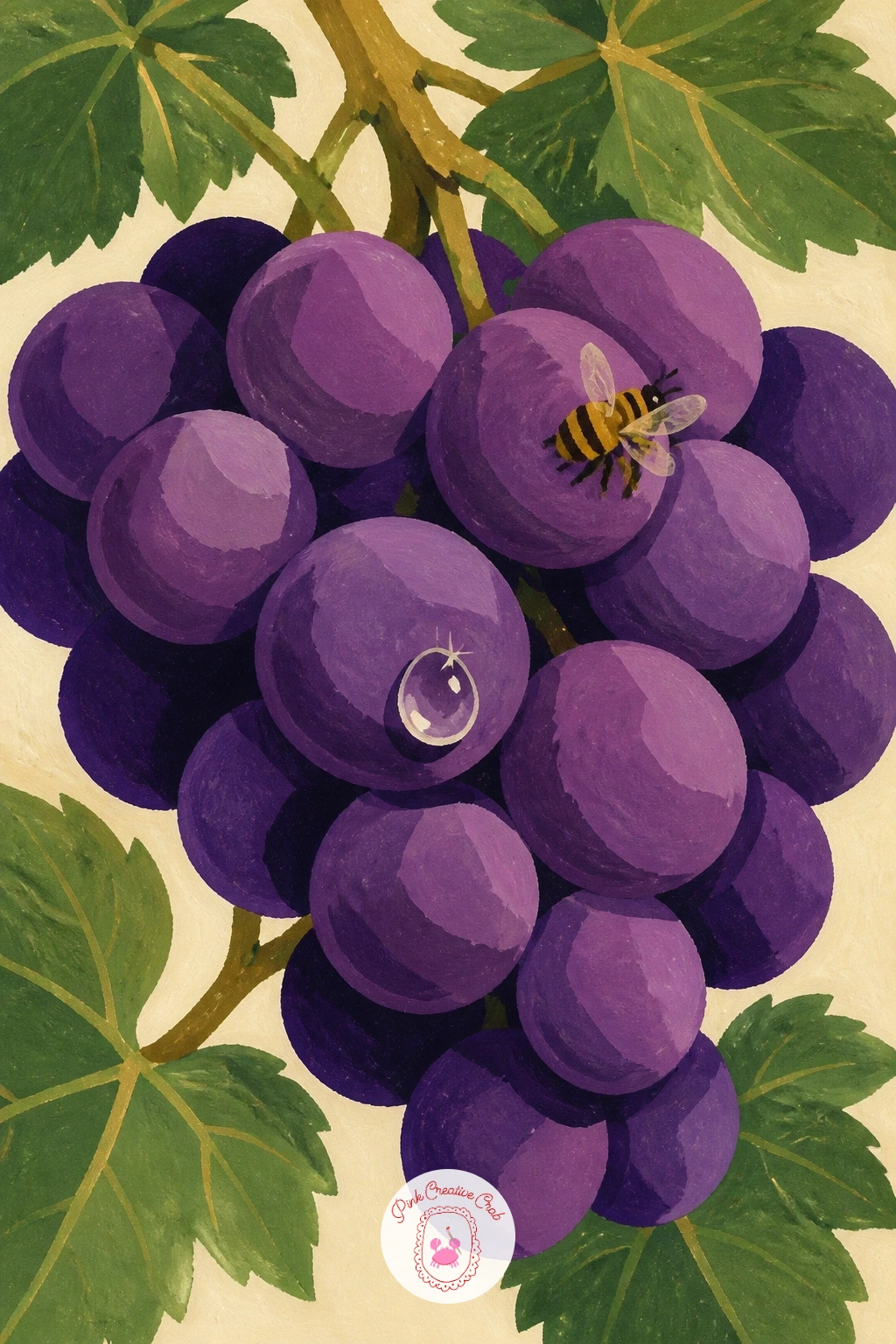 Grape Bunch With a Dewdrop and a Bee — Zoom back in for a close, detailed study: a single grape bunch with one dewdrop and a small bee visiting. Grapes drawing