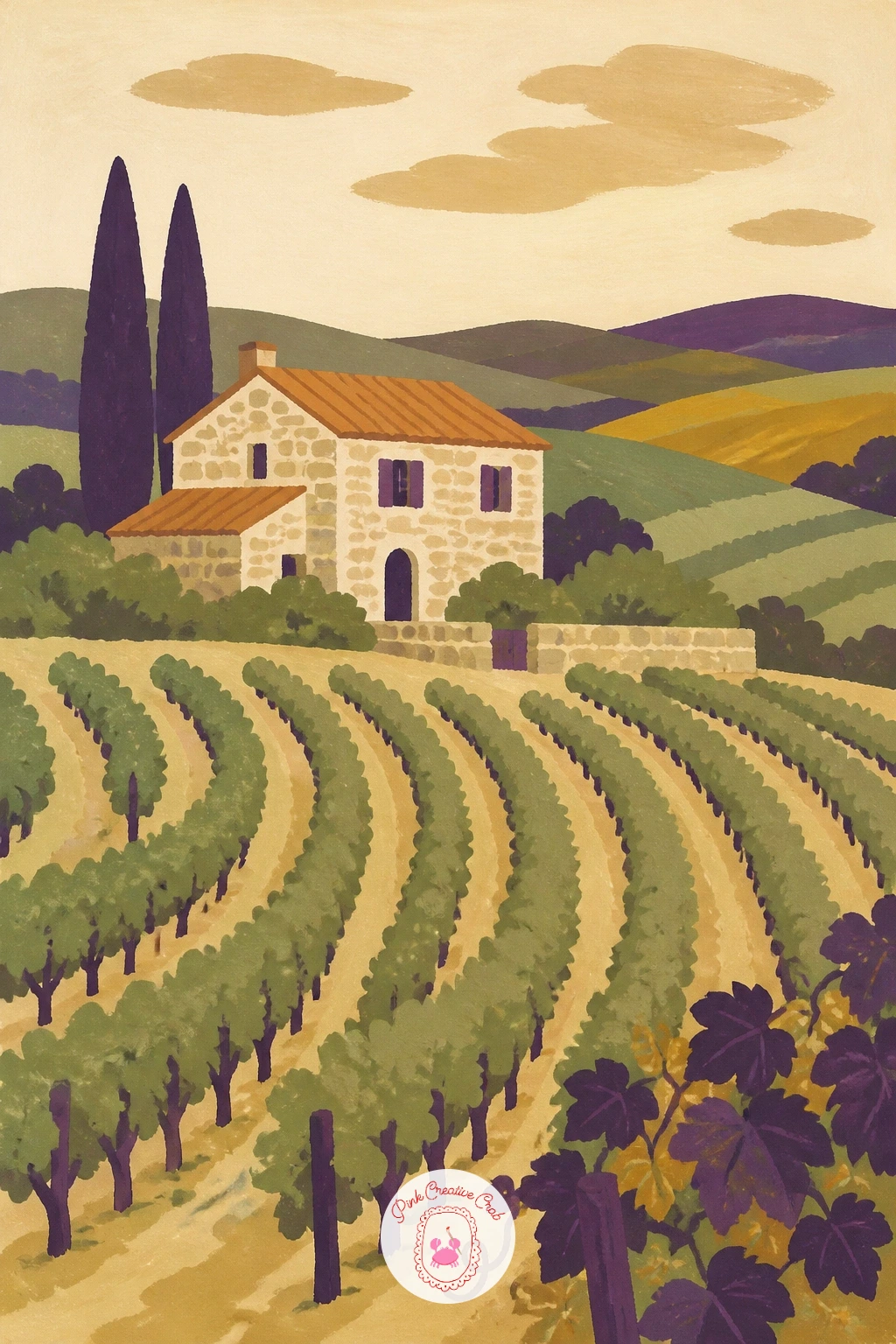 Stone Farmhouse Among Vineyards — Step back to a landscape view: a stone farmhouse sitting among rows of vineyard. Grapes drawing