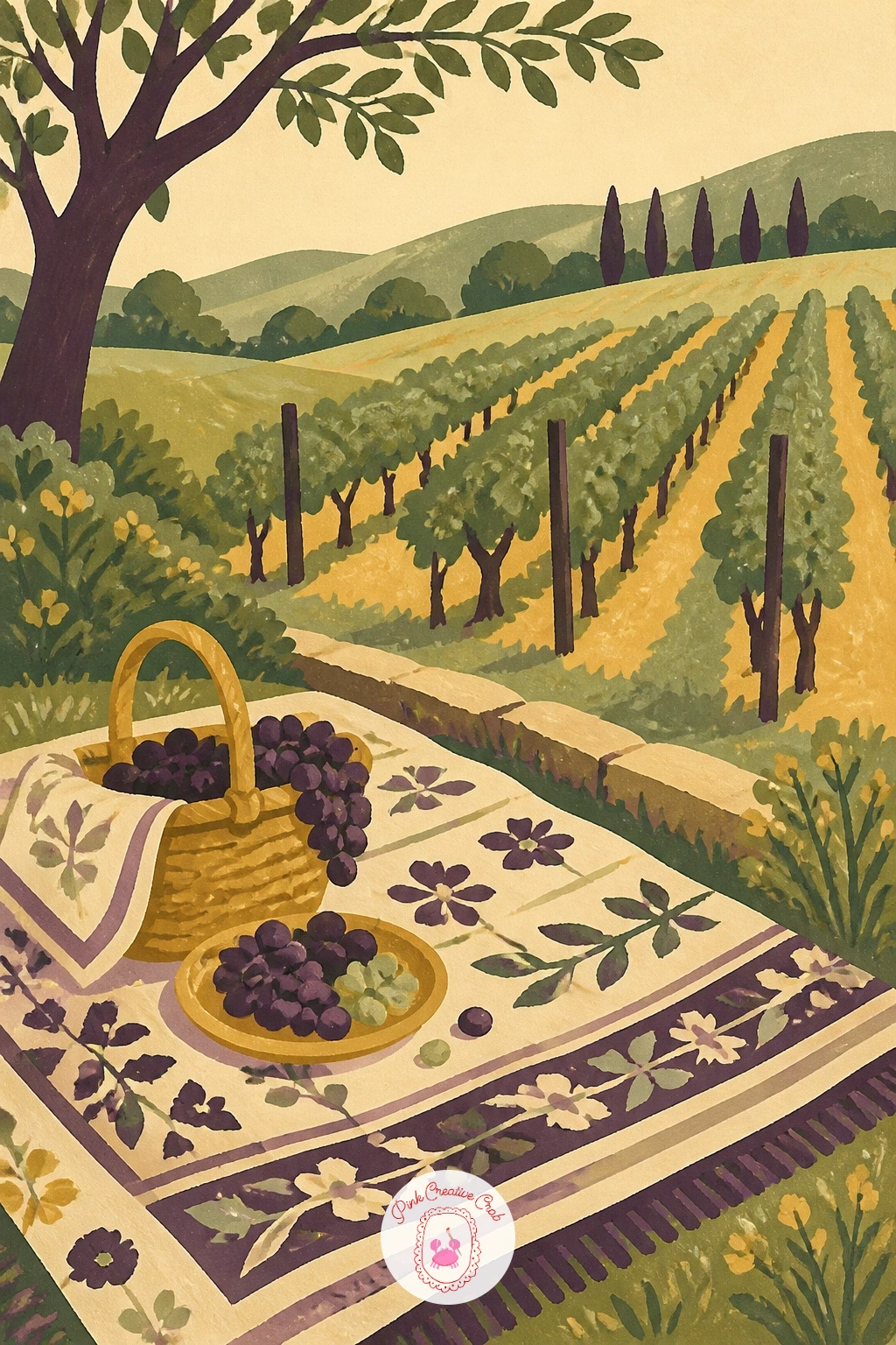 Picnic Blanket at the Edge of a Vineyard — Bring people back into the landscape with a spread picnic blanket at the edge of a vineyard row. Grapes drawing