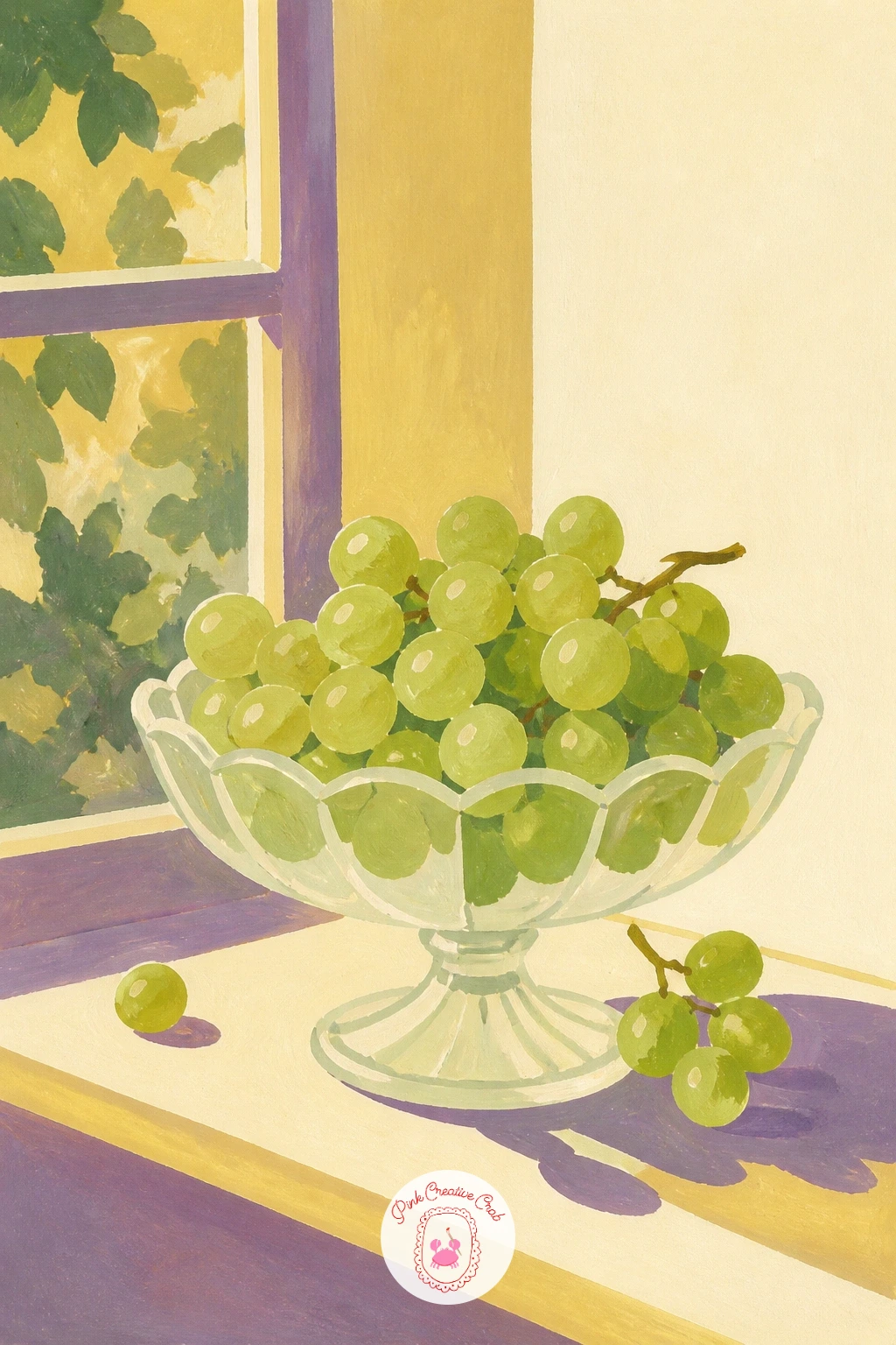 Green Grapes in a Glass Dish on a Windowsill — Bring the scene indoors again with green grapes sitting in a glass dish on a sunny windowsill. Grapes drawing