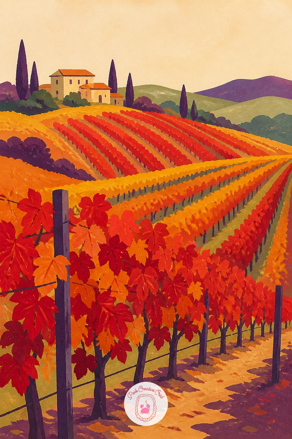 Vineyard in Autumn With Red Leaves — Return to the landscape, now in autumn, with vineyard rows turned red and gold instead of green. Grapes drawing