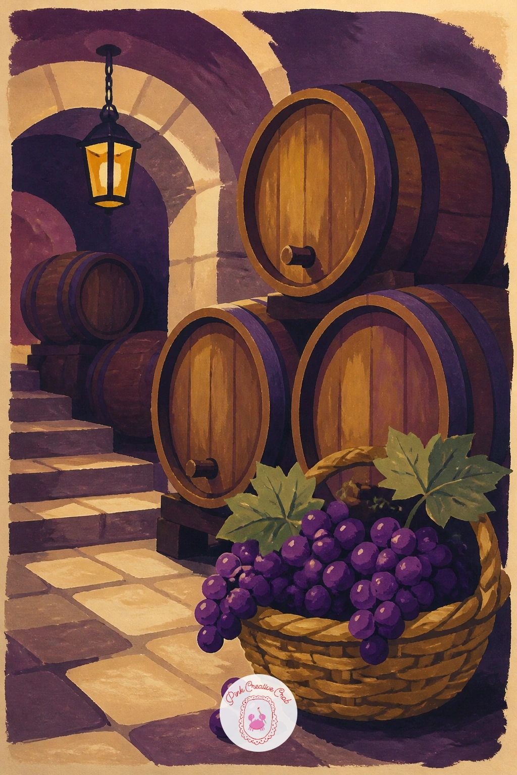 Barrels in a Cellar With a Basket of Grapes — Head underground to a wine cellar scene with a few barrels and a basket of grapes resting beside them. Grapes