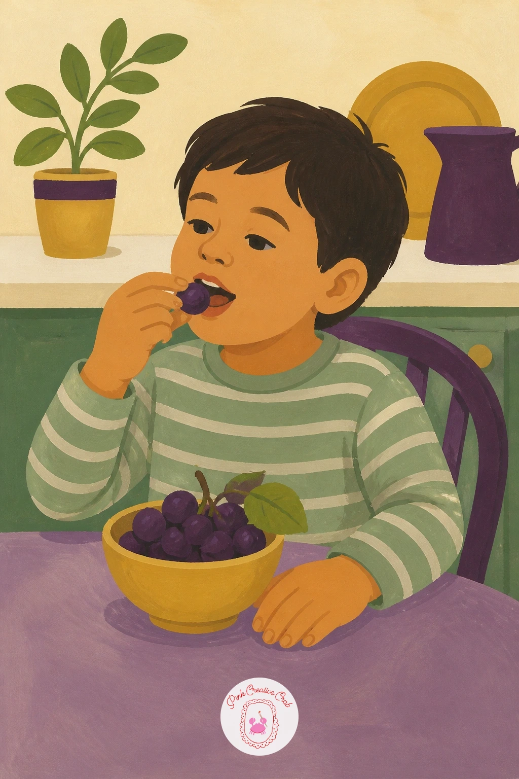 Child Eating Grapes at a Kitchen Table — Bring the scene back inside with a small everyday moment: a child eating grapes at a kitchen table. Grapes drawing
