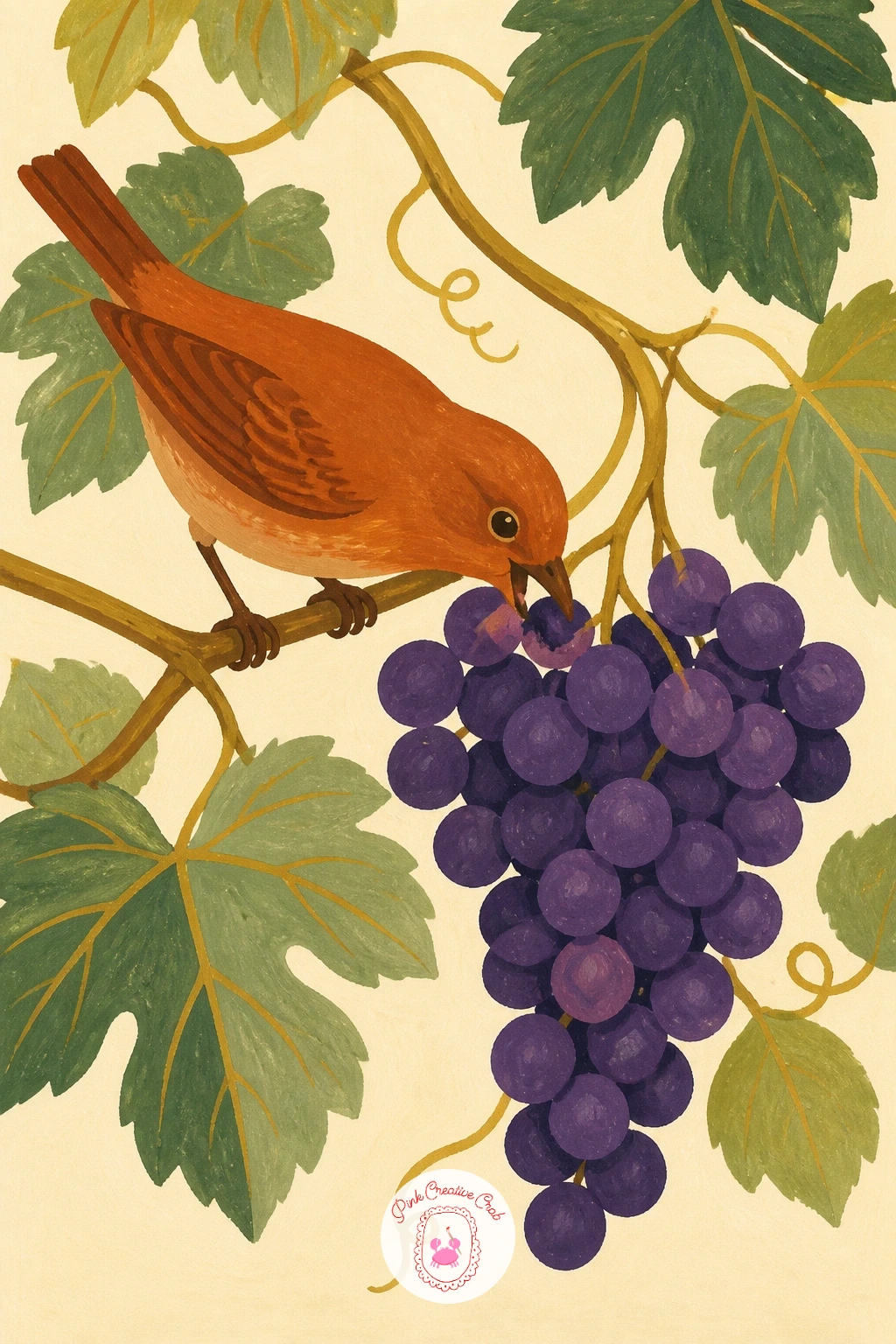 Bird Pecking Grapes on the Vine — Return to the vine with a small bird caught in the act of pecking at the grapes. Grapes drawing