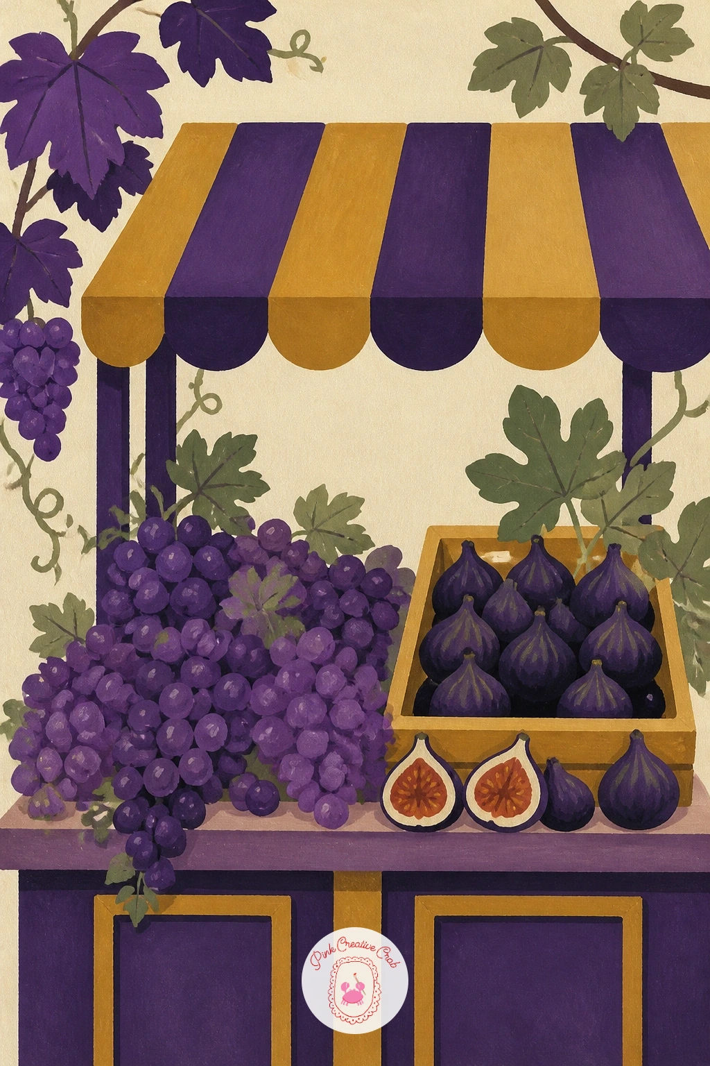 Market Stall of Grapes and Figs — Widen the harvest theme into a small market stall scene with grapes and figs displayed together. Grapes drawing