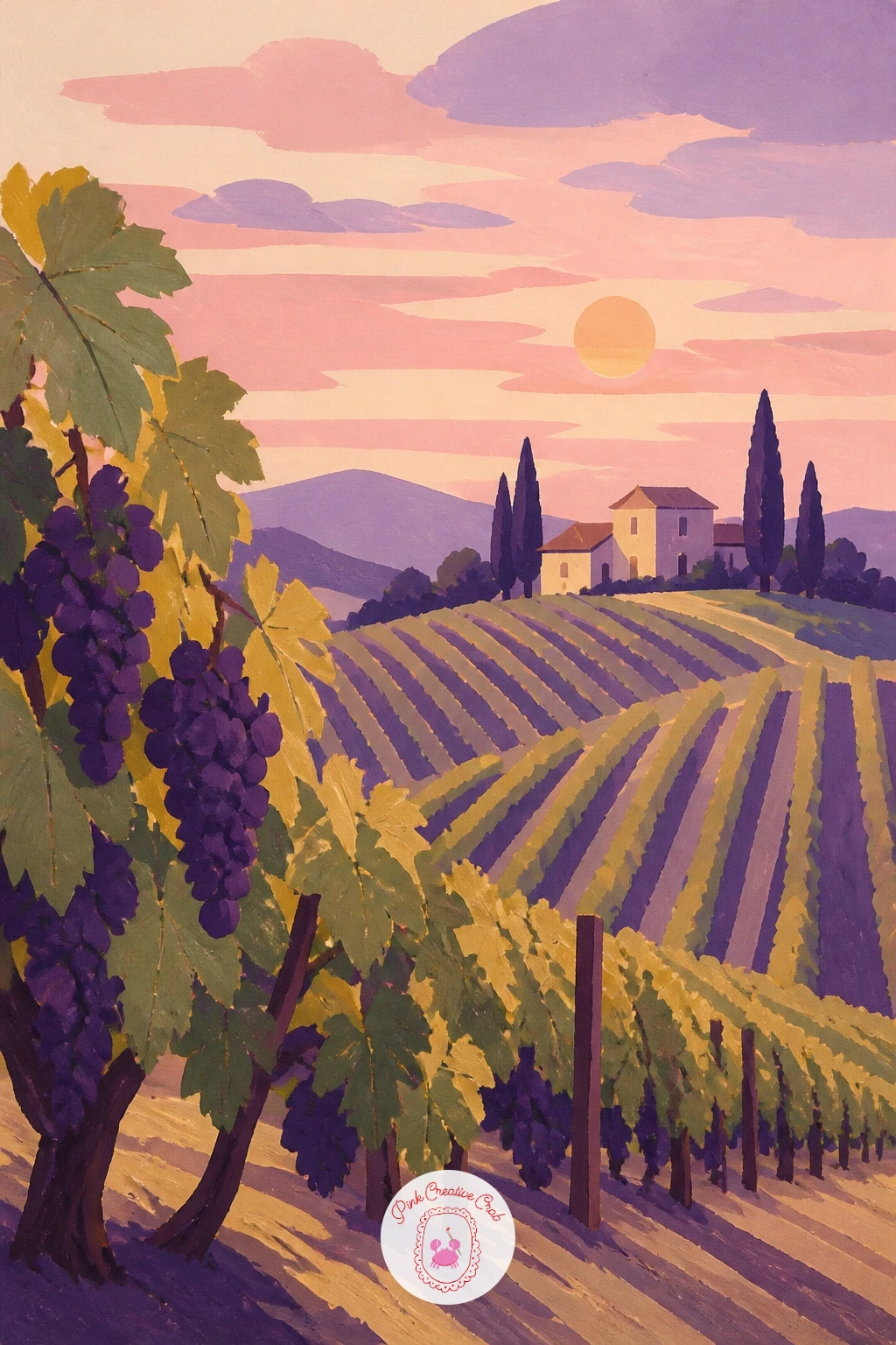 Vineyard at a Pastel Sunset — Return once more to the vineyard hillside, this time lit by a pastel sunset. Grapes drawing